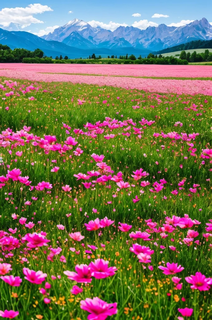 a close up of a field of flowers with mountains in the background, a tilt shift photo by Niko Henrichon, trending on unsplash, color field, fields of flowers, an aesthetic field of flowers, field of flowers, in a field of flowers, field of fantasy flowers, flower field, field of mixed flowers, field of wild flowers, flower meadow