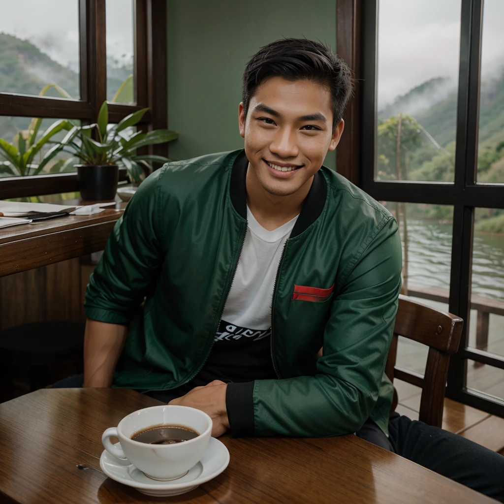 Professional photography of a handsome young asian. Wearing a black jacket, white, green and red t-sirt, with a picture of a balinese mask. Chatting a little smiling, sitting in an open cafe at the top of the mountain, on the table there was 1 cup of black coffe. With a view of the misty lake, the photo was taken with a vivo cellphone camera