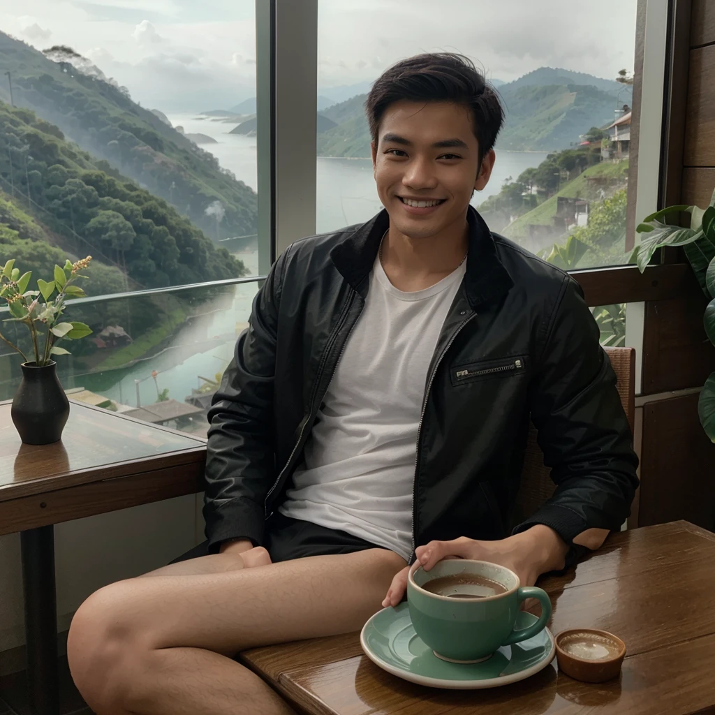 Professional photography of a handsome young asian. Wearing a black jacket, white, green and red t-sirt, with a picture of a balinese mask. Chatting a little smiling, sitting in an open cafe at the top of the mountain, on the table there was 1 cup of black coffe. With a view of the misty lake, the photo was taken with a vivo cellphone camera