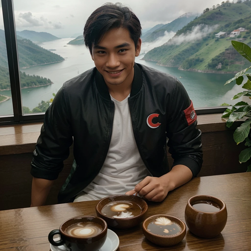 Professional photography of a handsome young asian. Wearing a black jacket, white, green and red t-sirt, with a picture of a balinese mask. Chatting a little smiling, sitting in an open cafe at the top of the mountain, on the table there was 1 cup of black coffe. With a view of the misty lake, the photo was taken with a vivo cellphone camera