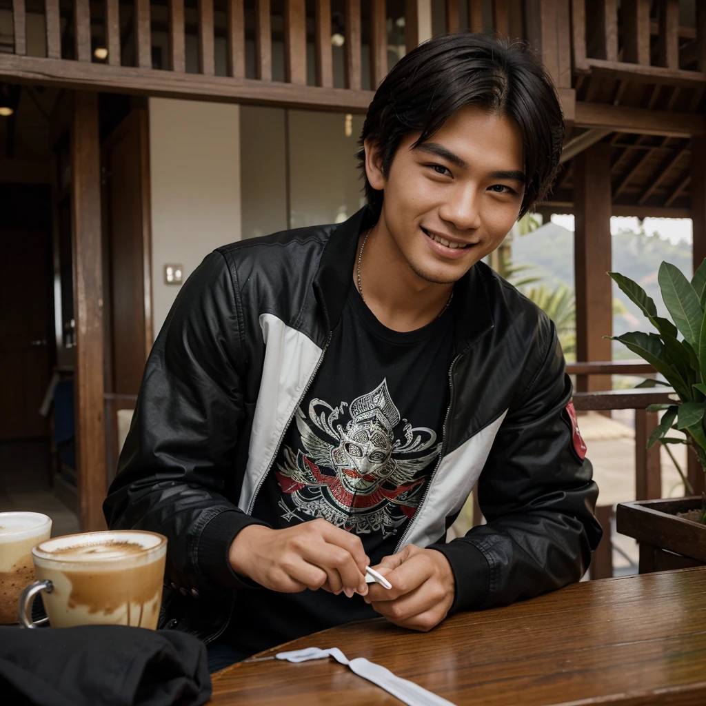 Professional photography of a handsome young asian. Wearing a black jacket, white, green and red t-sirt, with a picture of a balinese mask. Chatting a little smiling, sitting in an open cafe at the top of the mountain, on the table there was 1 cup of black coffe. With a view of the misty lake, the photo was taken with a vivo cellphone camera