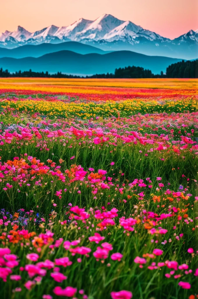 a close up of a field of flowers with mountains in the background, a tilt shift photo by Niko Henrichon, trending on unsplash, color field, fields of flowers, an aesthetic field of flowers, field of flowers, in a field of flowers, field of fantasy flowers, flower field, field of mixed flowers, field of wild flowers, flower meadow