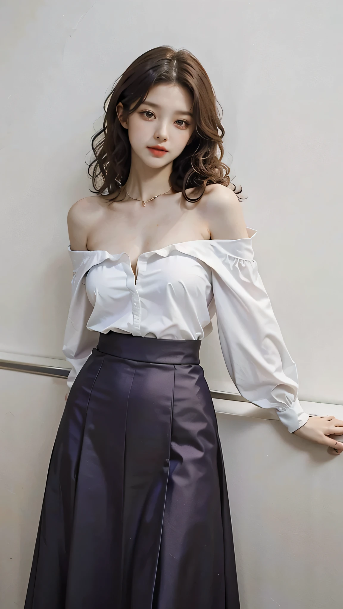 detailed background, masterpiece, best quality, 1 person , curly hair, long hair, purple eyes, star in eye , sharp red Strapless blouse, long skirt, red color