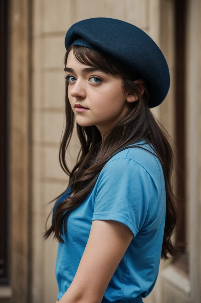 Portrait of a beautiful brunette girl identical to Maisie Williams with a black beret on her head and a blue t-shirt 