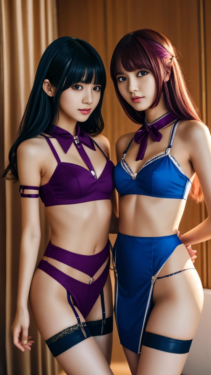 two 18 year old tween girls trying on cute clothes, two close friends, K-pop idol, colored hair, collar, skinny body, detailed face, young asian models, perfect proportions, tattoo, touching each other, straps, innocent, enticing, garter with stockings, glasses, kawai cosplay girls, strapped colored dresses with cutouts and slits, bright playful, thin model, cute young  girls, shibari, tied, arms tied, legs tied