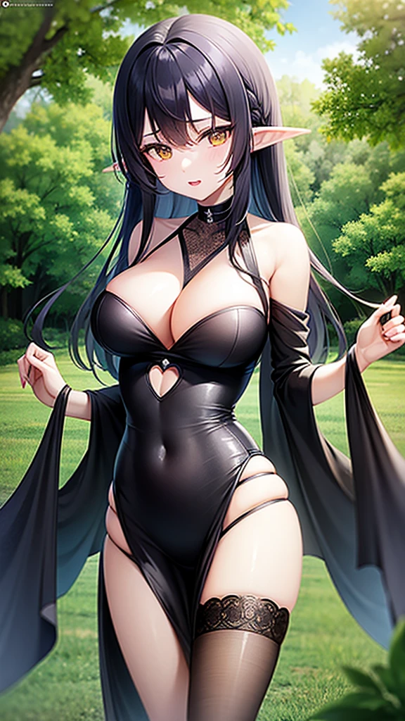 Dress, Skintight clothing, seductive pose, large breasts, skinny, Sexy, revealing outfit, Create a full-body shot of a female character with long, dark blue hair and a white streak on one side. She has large, expressive yellow eyes and pointed elf-like ears, and her expression should be one of surprise or curiosity. The background should be a forest setting with green trees and a natural ambiance, making the image suitable for an iPhone wallpaper