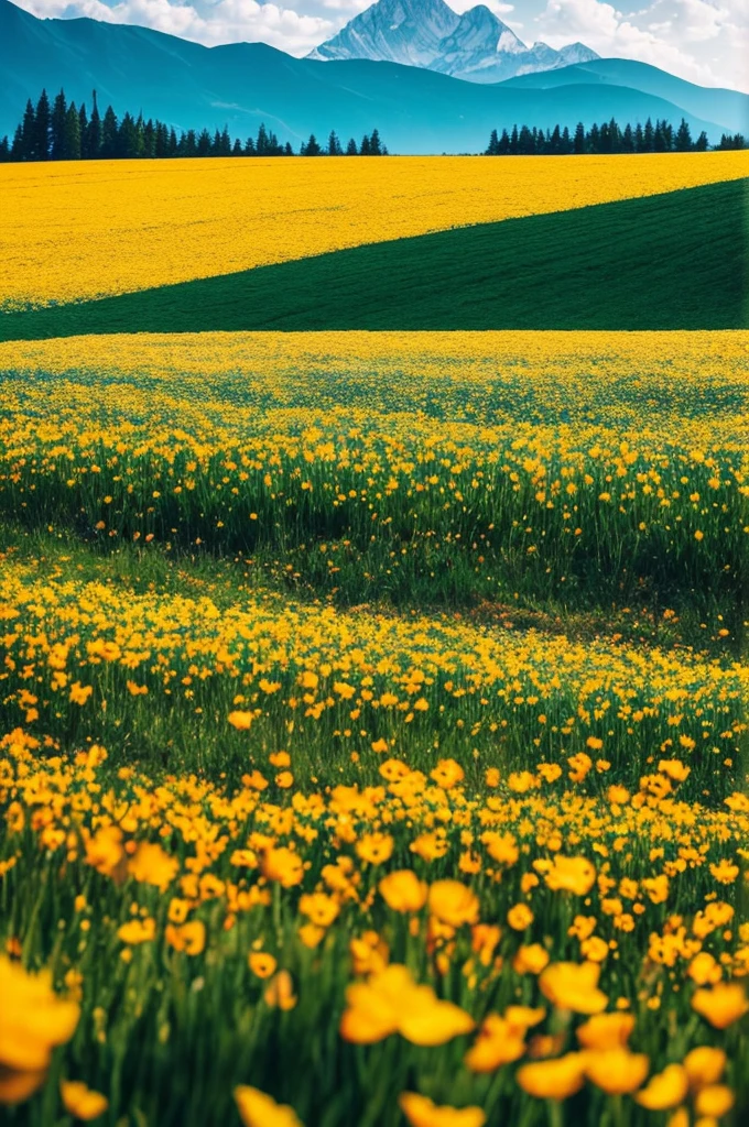 a close up of a field of flowers with mountains in the background, a tilt shift photo by Niko Henrichon, trending on unsplash, color field, fields of flowers, an aesthetic field of flowers, field of flowers, in a field of flowers, field of fantasy flowers, flower field, field of mixed flowers, field of wild flowers, flower meadow