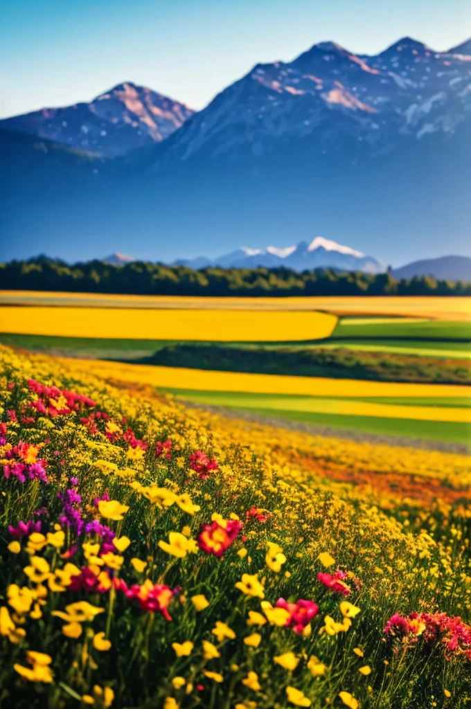 a close up of a field of flowers with mountains in the background, a tilt shift photo by Niko Henrichon, trending on unsplash, color field, fields of flowers, an aesthetic field of flowers, field of flowers, in a field of flowers, field of fantasy flowers, flower field, field of mixed flowers, field of wild flowers, flower meadow