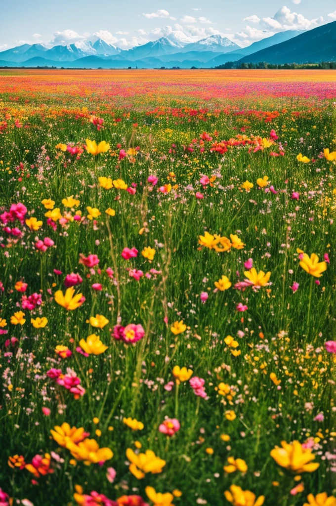 a close up of a field of flowers with mountains in the background, a tilt shift photo by Niko Henrichon, trending on unsplash, color field, fields of flowers, an aesthetic field of flowers, field of flowers, in a field of flowers, field of fantasy flowers, flower field, field of mixed flowers, field of wild flowers, flower meadow