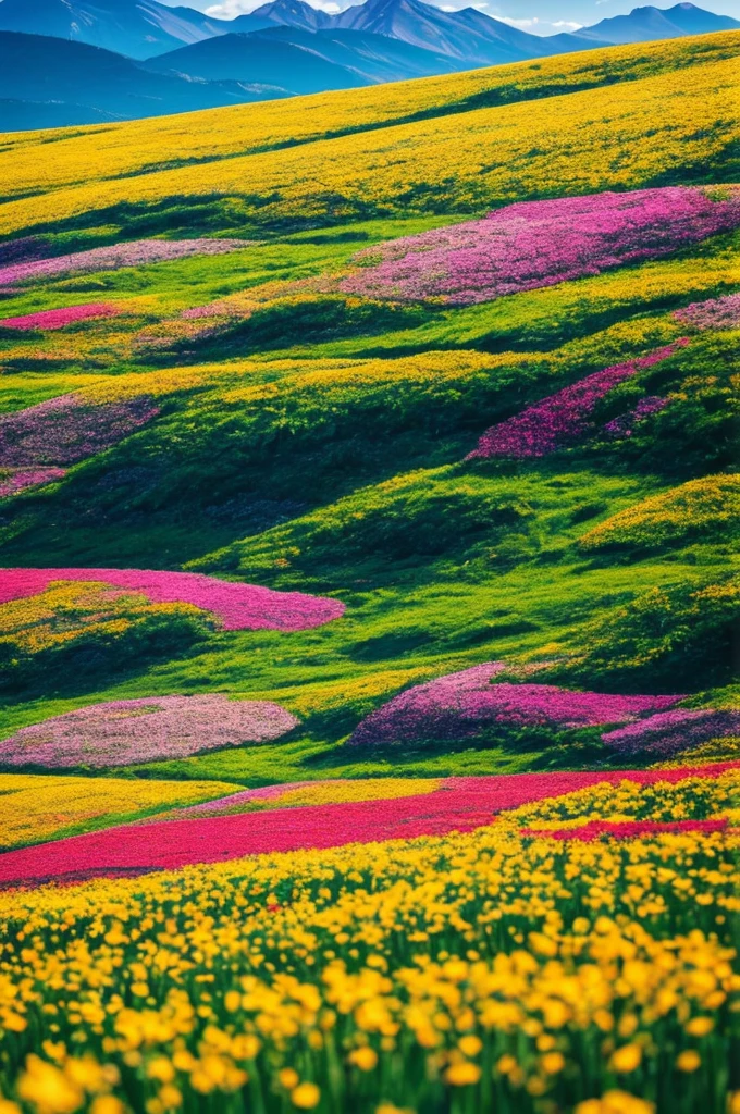 a close up of a field of flowers with mountains in the background, a tilt shift photo by Niko Henrichon, trending on unsplash, color field, fields of flowers, an aesthetic field of flowers, field of flowers, in a field of flowers, field of fantasy flowers, flower field, field of mixed flowers, field of wild flowers, flower meadow