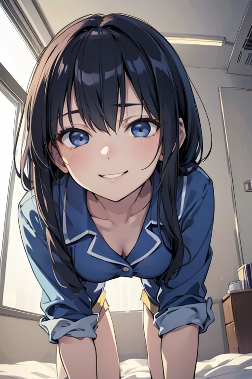 (masterpiece,Illustration Awards:1.3),Professional work,anime,Detailed face,Detailed Description,Blue tones,(Darker Room:1.3),From below,1girl,pov,perspective,Depth of Field,(Closest Face:1.3), BREAK (Teasing smile:1.3),Office Shirt,pajamas,Flat breasts,Thighs,(Half-open eyes,Squint eyes:1.3),(Petite,),onbed,On all fours,Looking down,Kneeling, BREAK The face of the girl straddling my belly and staring at me is closest,Saddled on a man's stomach,