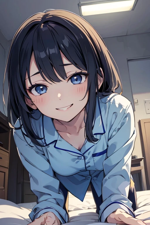 (masterpiece,Illustration Awards:1.3),Professional work,anime,Detailed face,Detailed Description,Blue tones,(Darker Room:1.3),From below,1girl,pov,perspective,Depth of Field,(Closest Face:1.3), BREAK (Teasing smile:1.3),Office Shirt,pajamas,Flat breasts,Thighs,(Half-open eyes,Squint eyes:1.3),(Petite,****),onbed,On all fours,Looking down,Kneeling, BREAK The face of the girl straddling my belly and staring at me is closest