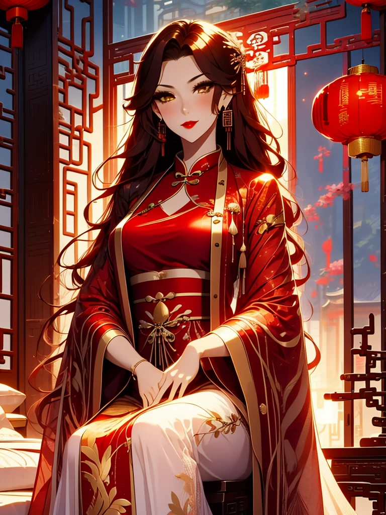 score_9, score_8_up, score_7_up, score_6_up, score_5_up, score_4_up, Xian Mei, golden eyes, red curly hair, tied hair, hair in a bun, hairpin, traditional Chinese red wedding hanfu dress, Yourqipao Red Embroidery Chinese Xiuhe Hanfu Women's Satin Cheongsam Ancient Traditional Chinese Bride , Wedding Dress, Long Dresses, long earrings, red lipstick, detailed eyes, traditional wear, sexy attractive, hot, traditional, smiling widely, happy, blushing, lotuses, sitting,