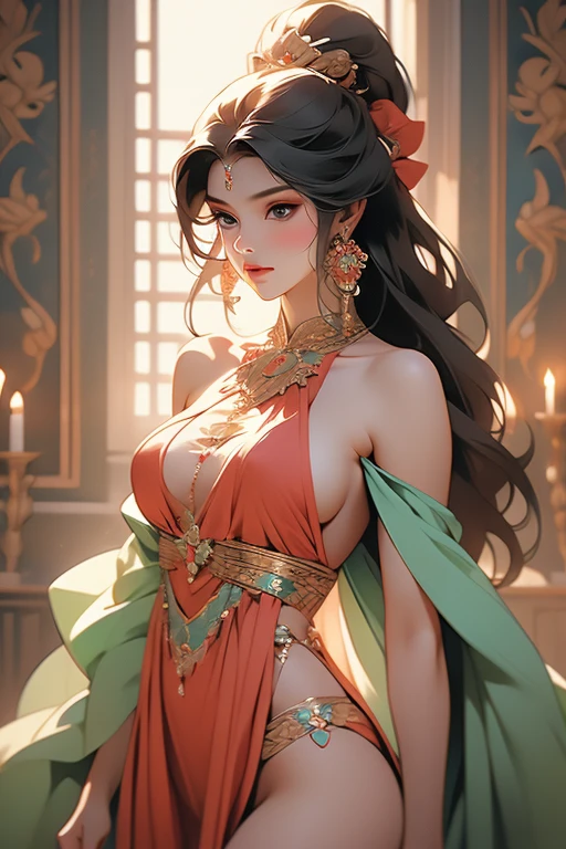 beautiful Aztec woman, dressed in a traditional Mexican dress with a mix of colors, extremely fitted, with a large neckline that reveals her voluminous breasts; the woman's suit shows off the woman's large nipples; very fitted dress that marks the woman's thong; masterpiece, fine details on the woman's face, sensual and seductive look, sensual and seductive pose; masterpiece, intrinsic details, erotic pose; cinematographic image, masterpiece, high definition, fine details in shapes and colors