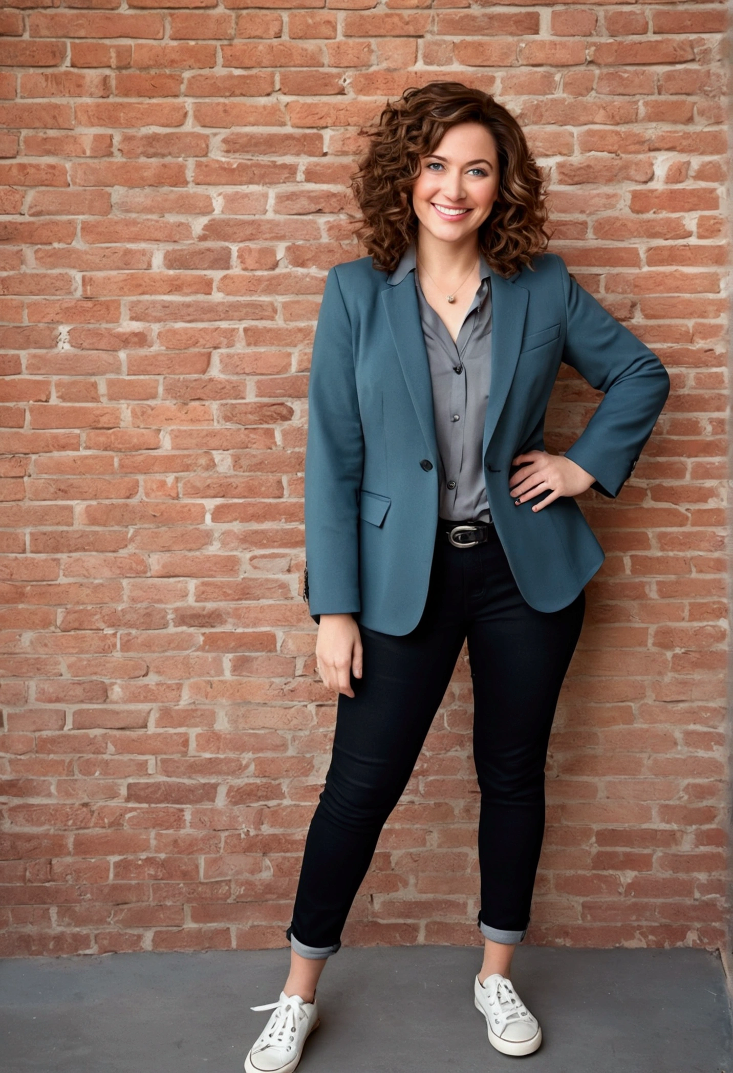 ((best qualityer)), ((work of art)), (detailded),A 37 year old woman, with shoulder-length brown hair with lighter strands and very curly hair, round face with charming smile, blue colored eyes, chubby body, wearing an elegant gray shirt, black blazer, and black jeans and white sneakers. full - length portrait, behind a wall with red puzzle, cerulean, green and yellow. Develop this art Disney Pixar Animations Style