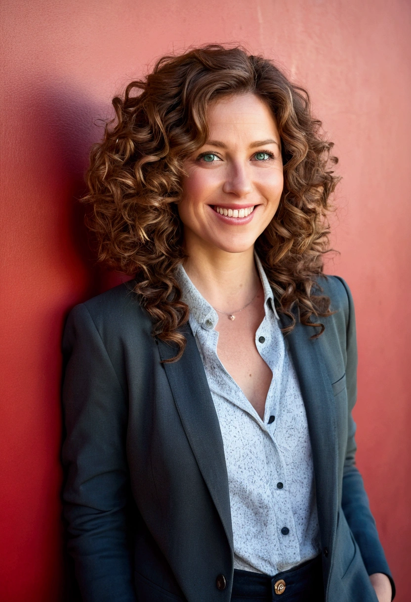 ((best qualityer)), ((work of art)), (detailded),A 37 year old woman, with shoulder-length brown hair with lighter strands and very curly hair, round face with charming smile, blue colored eyes, chubby body, wearing an elegant gray shirt, black blazer, and black jeans and white sneakers. full - length portrait, behind a wall with red puzzle, cerulean, green and yellow. Develop this art Disney Pixar Animations Style