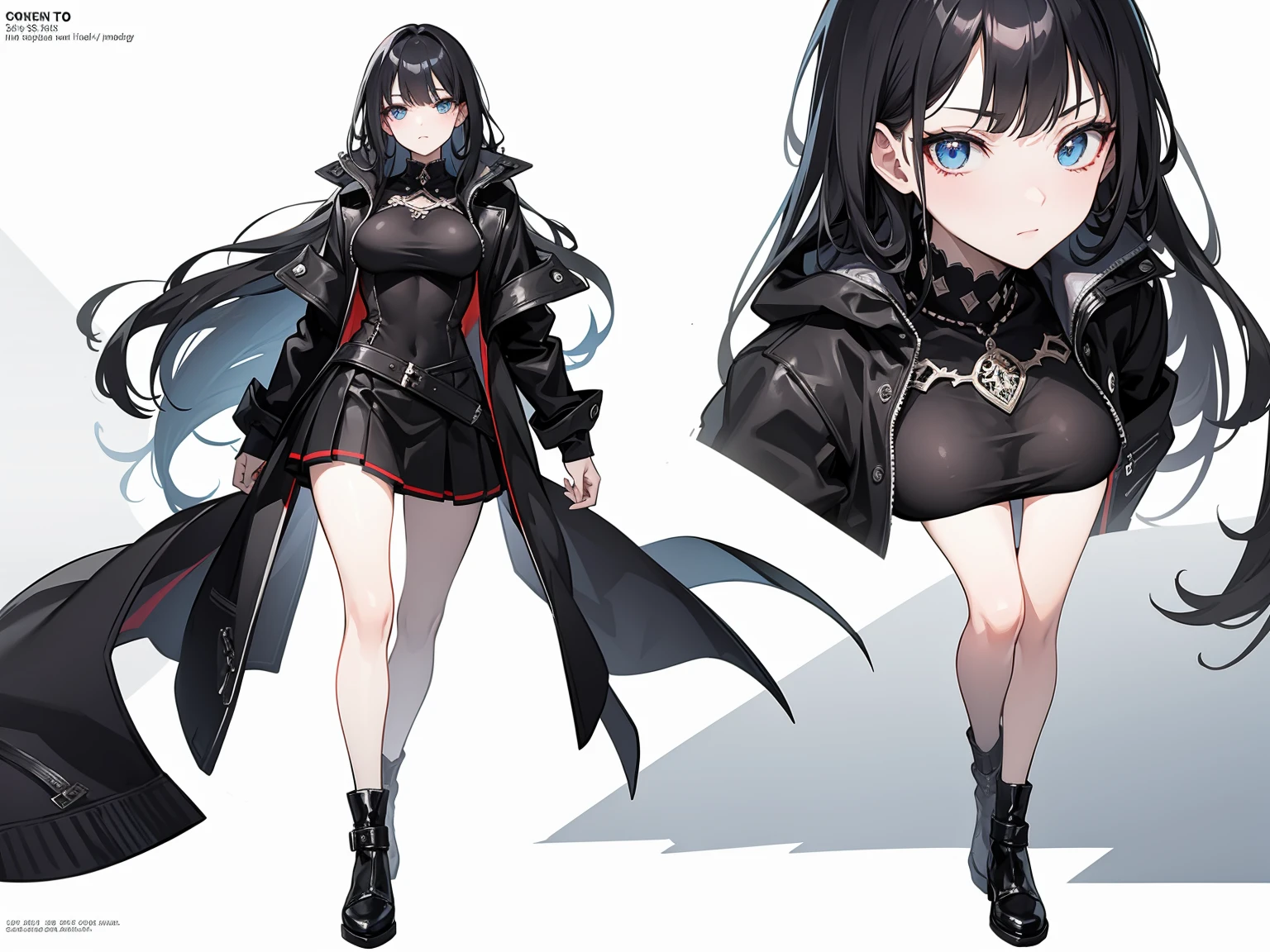(CharacterDesignSheet, Same role, Facade), city, 1 beautiful and cheerful woman, messy blue-black hair with bangs covering her left eye and two long locks framing her face, light blue eyes, pale skin, beauty , medium breasts, perky, beautiful and shapely full body, full body, shy in nature, detailed, embarrassed, blushing, spotlights, full body, Masterpiece, 18 years old, height 154cm, beautiful body, ((modern clothing, gothic style , (a miniskirt), leather jacket)), serious, Best quality, high detail, high quality, 8k, detailed eyes, view from afar, full body, full view, high resolution, Ultra-sharp, 8k, Artwork master, city environment, seen from afar, full body, high resolution, full body, high resolution, Ultra-sharp, 8k, Masterpiece, (high resolution), ((tmasterpiece)), ((Best quality) ), Character Sketches, Concept-Art, Character Concept Art, pixiv, Cheat Sheet, Role Chart, Multiple Poses and Expressions, Highly Detailed, Depth, Poses, Many Parts, (simple background, white background :1.3), detailed face, full body, dynamic poses, shy poses, standing, feminine poses, attractive poses, best quality, 4k, Masterpiece, Best quality, high detail, high quality, 8k, far away view, full body, eyes detailed, high resolution, Ultra-sharp, 8k, Masterpiece, best quality, full of details, Front body view, Back body view, Highly detailed, depth, detailed face, best quality, 4k, Masterpiece, Best quality, high detail, high quality, 8k, far away view, full body, detailed eyes, high resolution, Ultra-sharp, 8k, Masterpiece, best quality, intricate details, perfect detailed face, Midnight, lighting.
