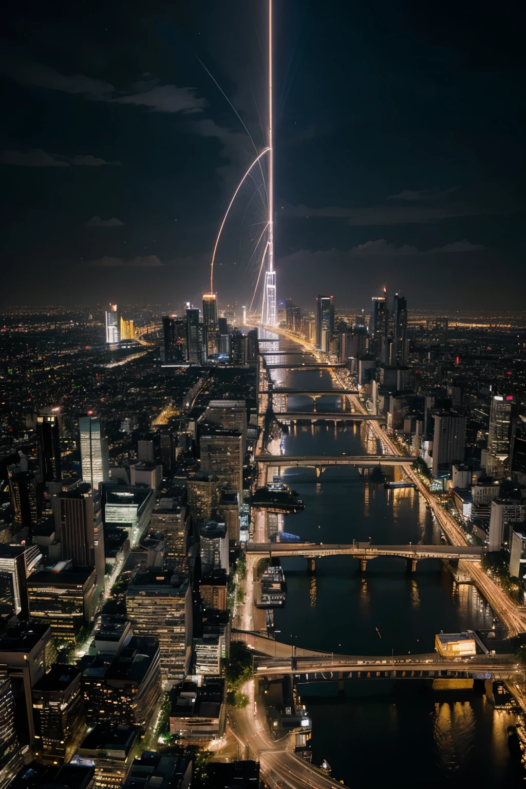 A stunning night cityscape of Bangkok, Thailand, with the Chao Phraya River gracefully winding through the urban landscape. The scene is alive with a symphony of light as modern skyscrapers blaze brightly, their glass facades reflecting the city's energy. Light trails from boats on the river paint streaks of vibrant motion against the dark water, highlighting the dynamic pulse of the city that never sleeps. Bridges, illuminated like glowing pathways, connect different parts of the city, adding a sense of interconnectedness to the image.