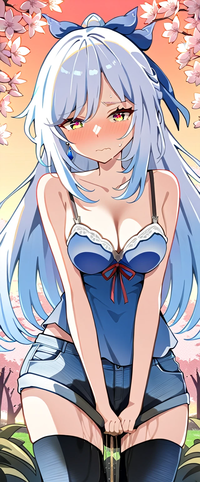 (masterpiece:1.37), best quality, (extremely detailed:1.37), (1girl:1.5), woman, (mature:1.5), (adult:1.5), jingliu, white hair, long hair, ponytail, hair ribbon, red eyes, earrings, jewelry, jeans, (extremely detailed eyes:1.37), (wetting self:1.5), desperation, embarrassed, humiliation, blushing, angry, cherry blossoms, garden, (golden hour:1.5)