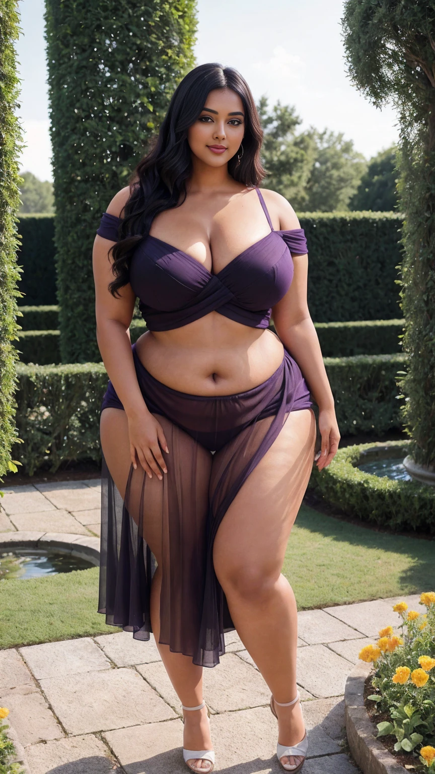 Radhika marchent Indian beautiful woman curvy plus size hour glass bulky huge figure woman, closeup camera view, big huge m-cup breast, wearing SHEIN Girl Asymmetrical Neck Ruched Chiffon Dress Color: Mauve Purple , covered Bust , elegant standing position, eye contact view, different style hairstyle, bright eyes, thin eyebrows, fair skin, blushing cheeks, prefect head to toe view, full body, ideal for high-fashion or editorial shoots, ultra realistic skin texture, head to toe view, full body shot, full body view, smile face, black hair, Indian face, perfect skin tone light, ultra realistic skin texture, bigger waist, busty, big hips, fleshy thighs, thick thighs, busty, full body view, Classical Garden: Manicured hedges, fountains, and statues.