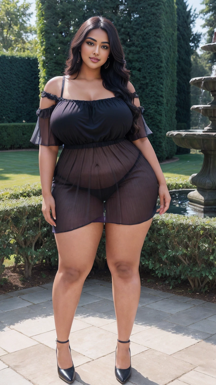 Radhika marchent Indian beautiful woman curvy plus size hour glass bulky huge figure woman, closeup camera view, big huge m-cup breast, wearing SHEIN Teen Girl Asymmetrical Neck Ruched Chiffon Dress Color: Mauve Purple , covered Bust , elegant standing position, eye contact view, different style hairstyle, bright eyes, thin eyebrows, fair skin, blushing cheeks, prefect head to toe view, full body, ideal for high-fashion or editorial shoots, ultra realistic skin texture, head to toe view, full body shot, full body view, smile face, black hair, Indian face, perfect skin tone light, ultra realistic skin texture, bigger waist, busty, big hips, fleshy thighs, thick thighs, busty, full body view, Classical Garden: Manicured hedges, fountains, and statues.