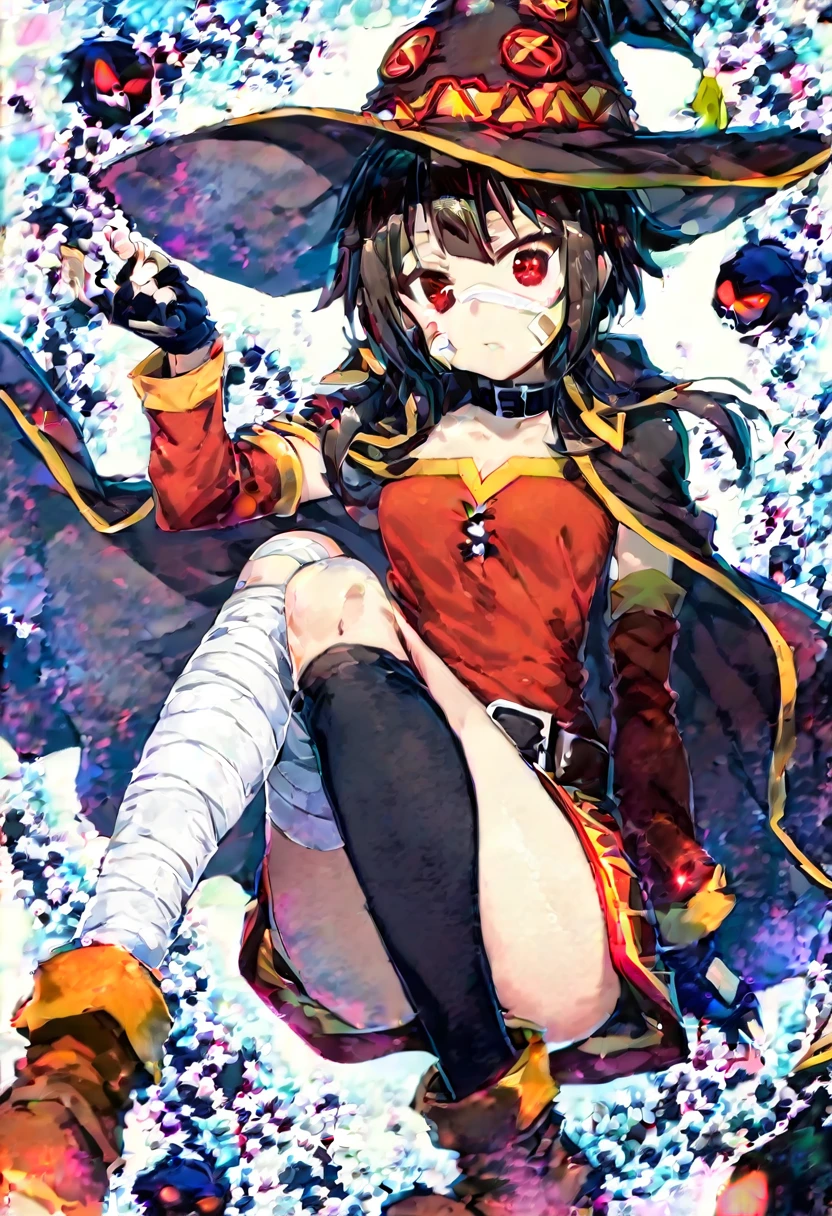 score_9, score_8_up, score_7_up, score_6_up, source_anime, 1girl, (dynamic angle), (perfect image), 8k wallpaper, most detailed, Complex, delicate background, offical art,megumin(konosuba),KonoSuba, (Megumin), short hair, Black Hair, (Red eyes:1.3), short hair with long locks, Knee socks, gloves, dress, black gloves, belt, black Knee socks, fingerless gloves, Cape, collar, witch have, bandage, red dress, Single knee socks, Asymmetrical legwear, Legs wrapped in bandage, Stand and pose, Highly detailed face and skin texture,
