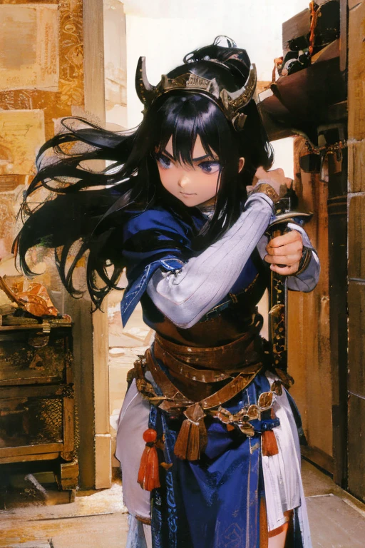 A black-haired girl wears viking helmet wields the Heavy Thrusting Swords from within the Elden Ring in a reverse grip.