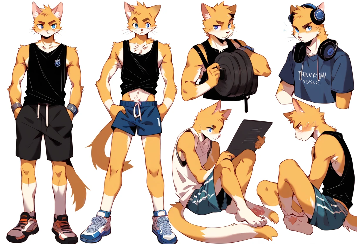 score_9, score_8_up, score_7_up, male, furry, high quality, hires, anthro, teenager, 16 years old, domestic cat, bright yellow fur, blue eyes, wide brown eyebrows, confidant expression, humanoid feet, slim body, prominent v-line, prominent abs, prominent legs, prominent forearm, prominent knees, white background, treasure trail, armpit hair, furry legs, in 3 various sexy poses, headphones, casual clothes, joggers, black tank top, shorts, pull-ups, working out