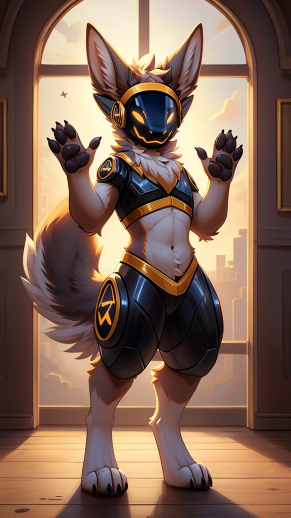 ((best quality)), ((masterpiece)), furry, furry art, protogen, solo, full body, fluffy, neck fur, cute ears, small horns, visor, fluffy tail, midsized tail, standing, waving, raising left arm, front view, slim, perfect anatomy,