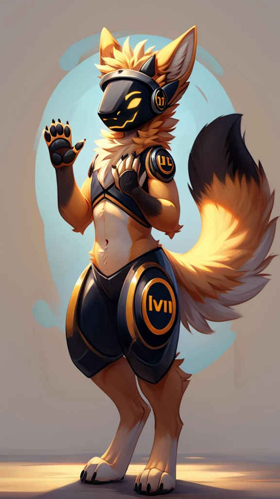 ((best quality)), ((masterpiece)), furry, furry art, protogen, solo, full body, fluffy, neck fur, cute ears, small horns, visor, fluffy tail, midsized tail, standing, waving, raising left arm, front view, slim, perfect anatomy, 