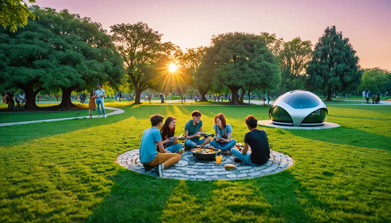 /imagine prompt: a photograph of people, a group of 5 young people eating and smiling, watching the sunset, natural lighting, these people in the center of the image, in the background a futuristic park, lawn with trees, and in the background some small modern robots cleaning the floor Kodak Ektar, Nikon D750, 360 Angle, Colorful, Beautiful Lighting, Global Illumination