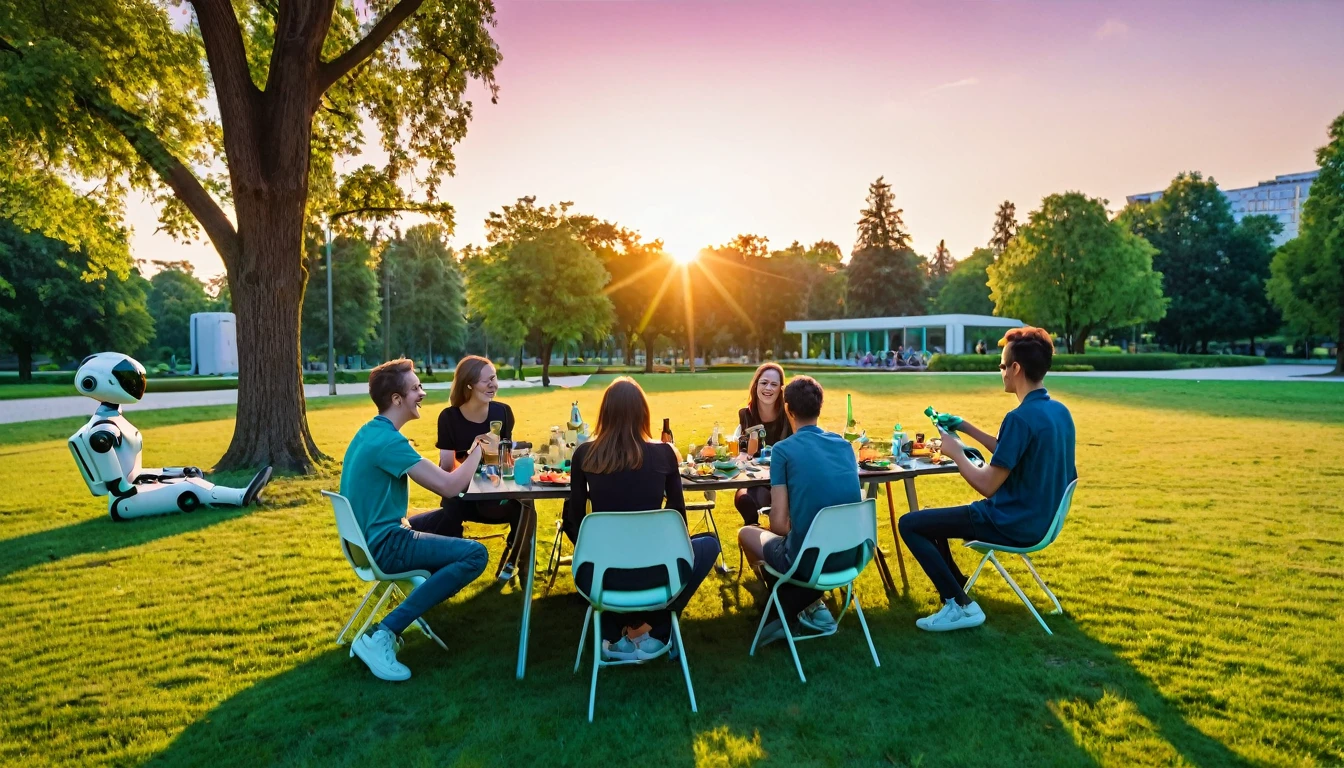 /imagine prompt: a photograph of people, a group of 5 young people eating and smiling, watching the sunset, natural lighting, these people in the center of the image, in the background a futuristic park, lawn with trees, and in the background some small modern robots cleaning the floor Kodak Ektar, Nikon D750, 360 Angle, Colorful, Beautiful Lighting, Global Illumination