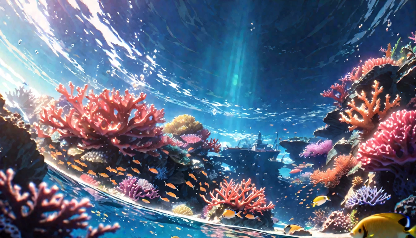 anime aestetics, anime scenery. underwater view. seascape, coral reef, view from above, huge light orange corals, purple corals, green corals at the backgroud, reef fish, depth of field, sparkle, ray tracing, reflection light, drop shadow, from above, wide shot, atmospheric perspective, perspective, highres, 8k, best quality, award winning, super detail, masterpiece