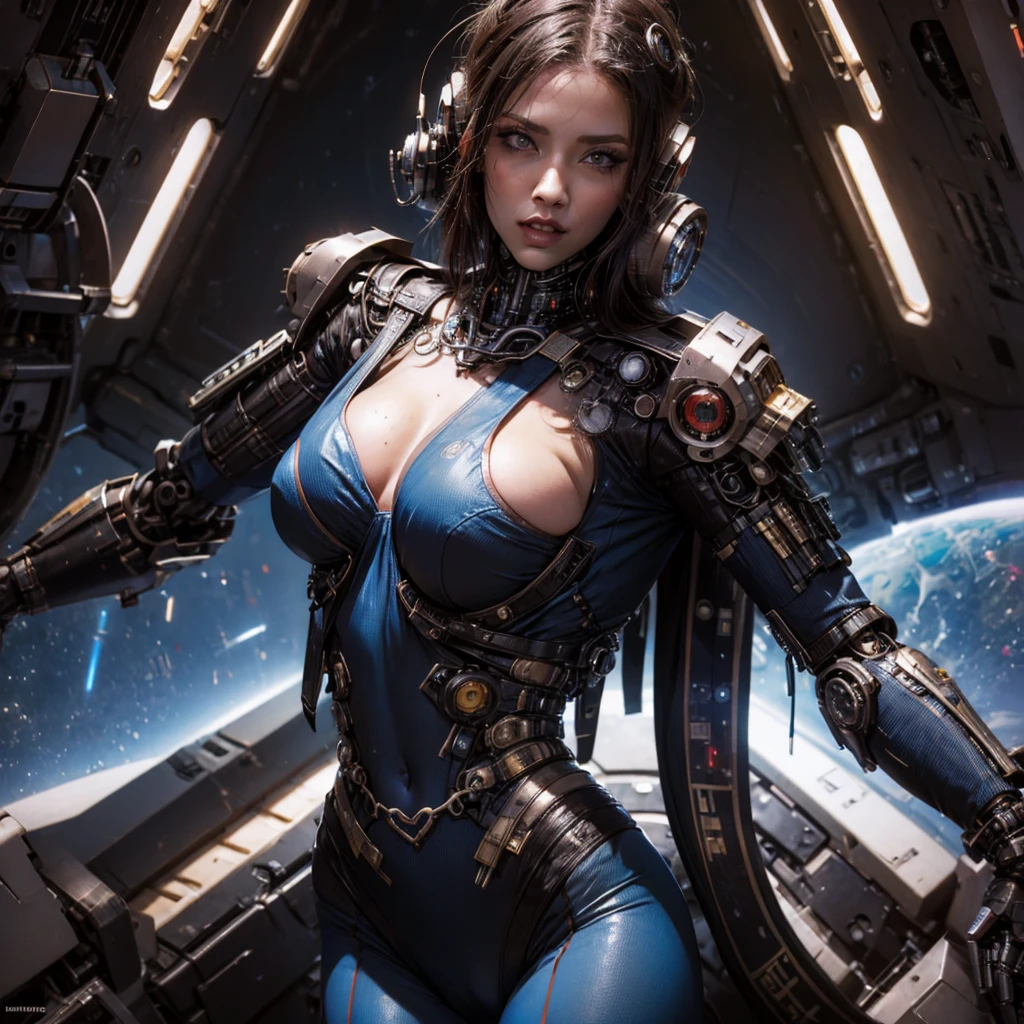 a sexy futuristic steampunk woman is inside a spaceship in the company of a cyborg