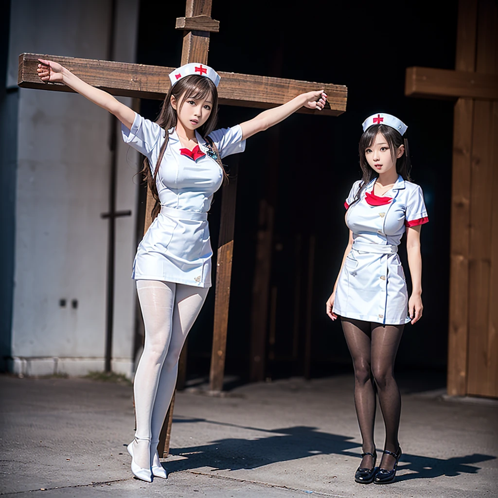 (((Japanese young girls wearing white nurse uniform and pantyhose))), (((crucifixion pose,nailed to cross))), (full body shot:2), dynamic angle,  ((huge breasts)),  natural lighting, ultra sharp focus, 8k, (((1girl))), glaring