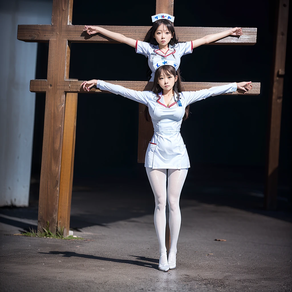 (((Japanese young girls wearing white nurse uniform and pantyhose))), (((crucifixion pose,nailed to cross))), (full body shot:2), dynamic angle,  ((huge breasts)),  natural lighting, ultra sharp focus, 8k, (((1girl))), glaring