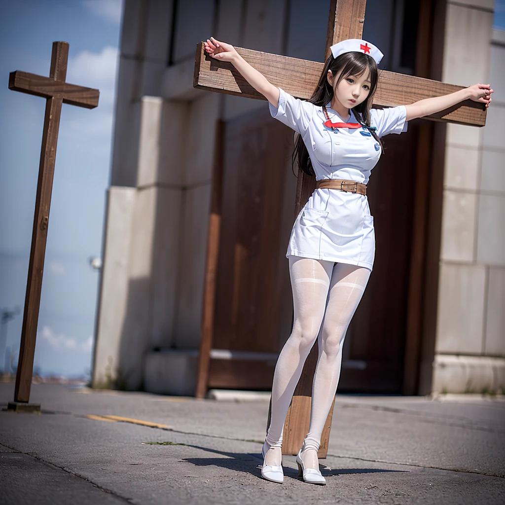 (((Japanese young girls wearing white nurse uniform and pantyhose))), (((crucifixion pose,nailed to cross))), (full body shot:2), dynamic angle,  ((huge breasts)),  natural lighting, ultra sharp focus, 8k, (((1girl))), glaring