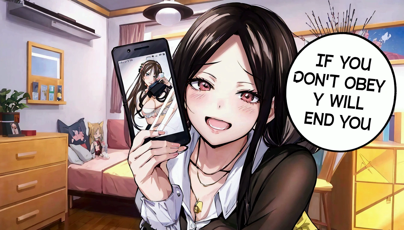anime girl holding up a cell phone with a comic bubble above her, ecchi anime style, anya from spy x family, she is holding a smartphone, in anime style, in an anime style, a hyperrealistic , ecchi, realistic , manhwa, ecchi style, hyperrealistic , digital manga, digital manga art, from girls frontline