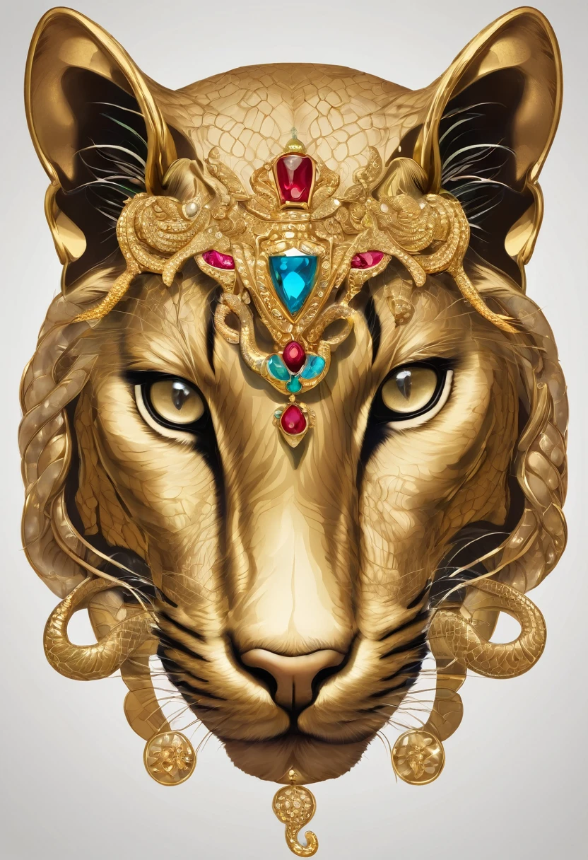 An emblem (gold and jewels) of the head of a puma (animal) and a snake (animal) around the head