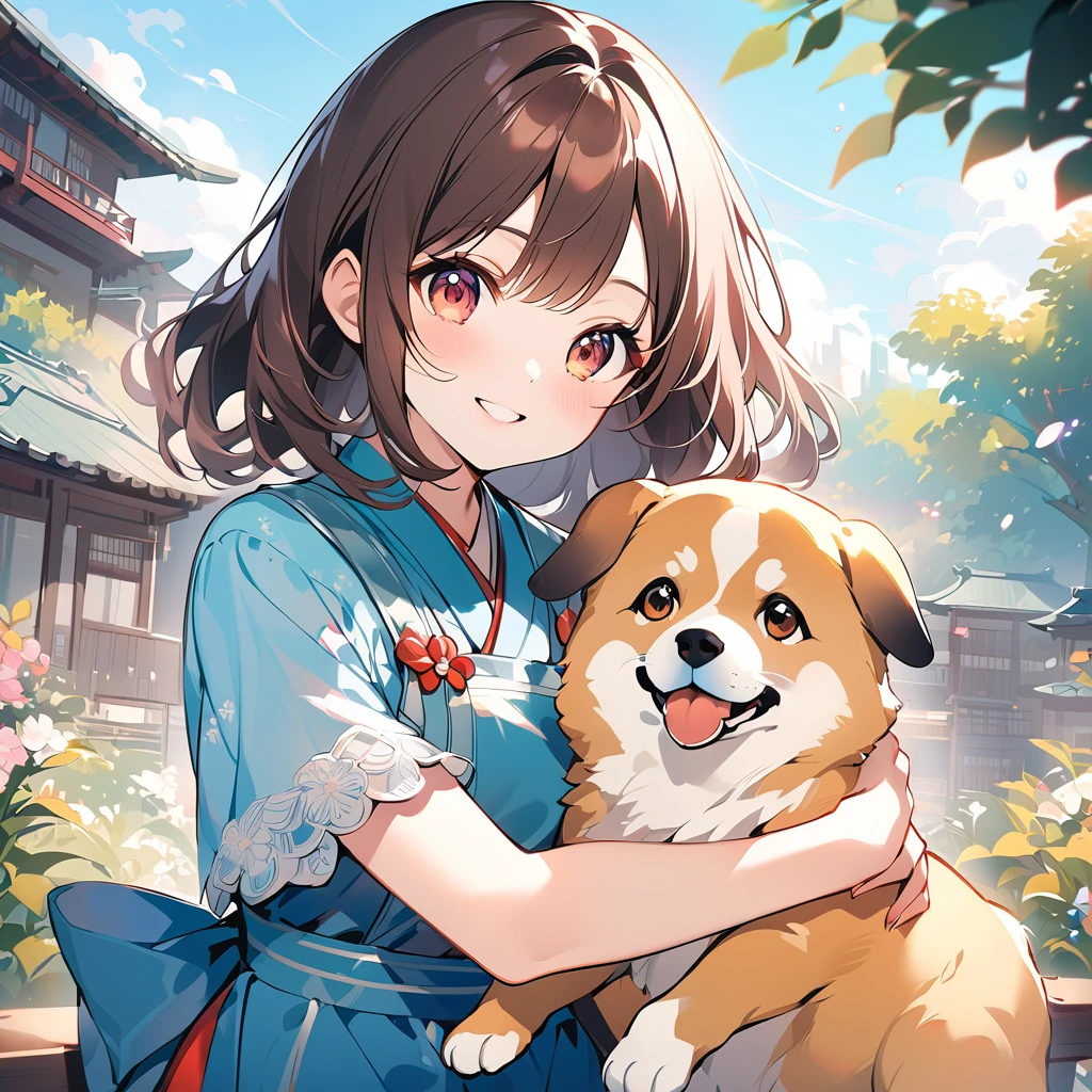 Create an anime-style portrait of a Japanese girl。Her hair is short and dark brown。The girl has a gentle smile。She looks loving、Holding a cute dog、It's a scene that evokes warmth and camaraderie.。Background、It should be a blend of warm and cool colors that complement the overall composition.。She is wearing a light blue dress with intricate details.、Gives an elegant impression。The overall atmosphere of the piece is bright and attractive.、Capture the girl's kind and friendly personality。