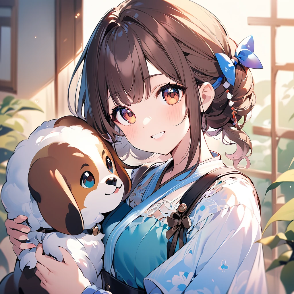 Create an anime-style portrait of a Japanese girl。Her hair is short and dark brown。The girl has a gentle smile。She looks loving、Holding a cute dog、It's a scene that evokes warmth and camaraderie.。Background、It should be a blend of warm and cool colors that complement the overall composition.。She is wearing a light blue dress with intricate details.、Gives an elegant impression。The overall atmosphere of the piece is bright and attractive.、Capture the girl's kind and friendly personality。