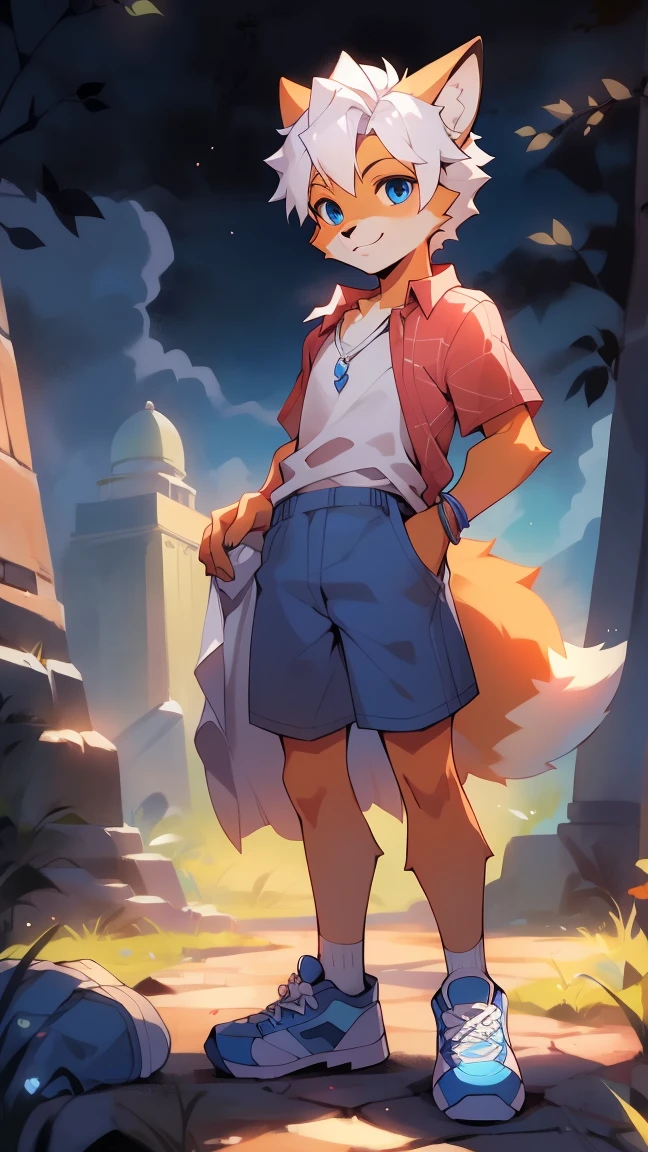 Orange fur,White hair,black blue eyes,fox,Blue shorts,Blue sneakers,Boys,charming。