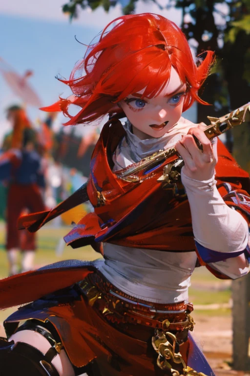 A red-haired girl wields the Heavy Thrusting Swords from within the Elden Ring in a reverse grip.