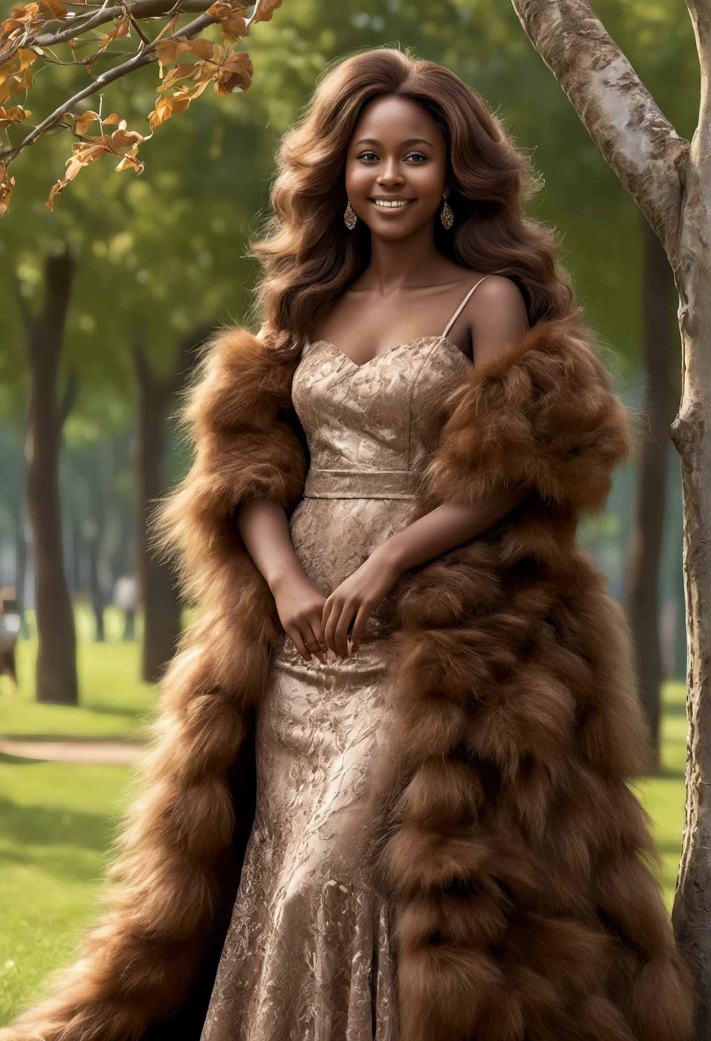 3D ais dark skin tone, (((Alone))), telegram sticker, in the park sitting on the tree,  creating a soft, long dress woman, (((portrait realism))), (african american girl) (((Brown hair))), (((closeup detailed facial features: 1.15))), (((mega fur fur))), freedom, profile picture, standing confidently, she is the center of the garden, smiling face, listing image, 8k, Dreams  
