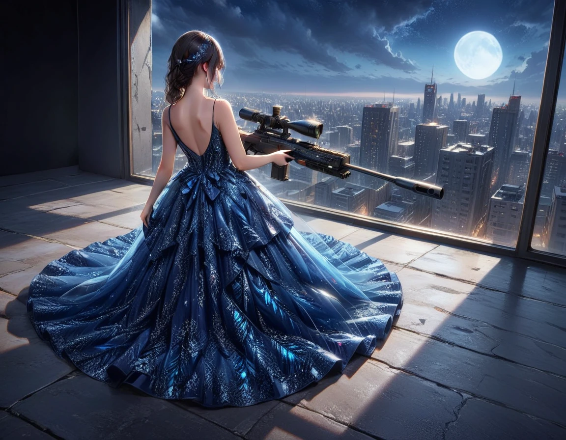 a portrait picture of a 1single woman sniper, standing in a window aiming a sniper rifle, an exotic beautiful woman sniper, dynamic hair, braided hair, full body shop, intense blue eyes, ultra detailed face, wearing (intricate evening dress: 1.5), elegant dress, dynamic color, dynamic style, wearing elegant stiletto heels , behind a window in a tall building at nigh, aiming a Light Sniper Rifle , cyberpunk city background, its night time, moon rays, some clouds,  (full body shot: 1.1) , vibrant, Ultra-high resolution, High Contrast, (masterpiece:1.5), highest quality, Best aesthetics), best details, best quality, highres, ultra wide angle, 16k, [ultra detailed], masterpiece, best quality, (extremely detailed) Sniper Rifle, evening dress
