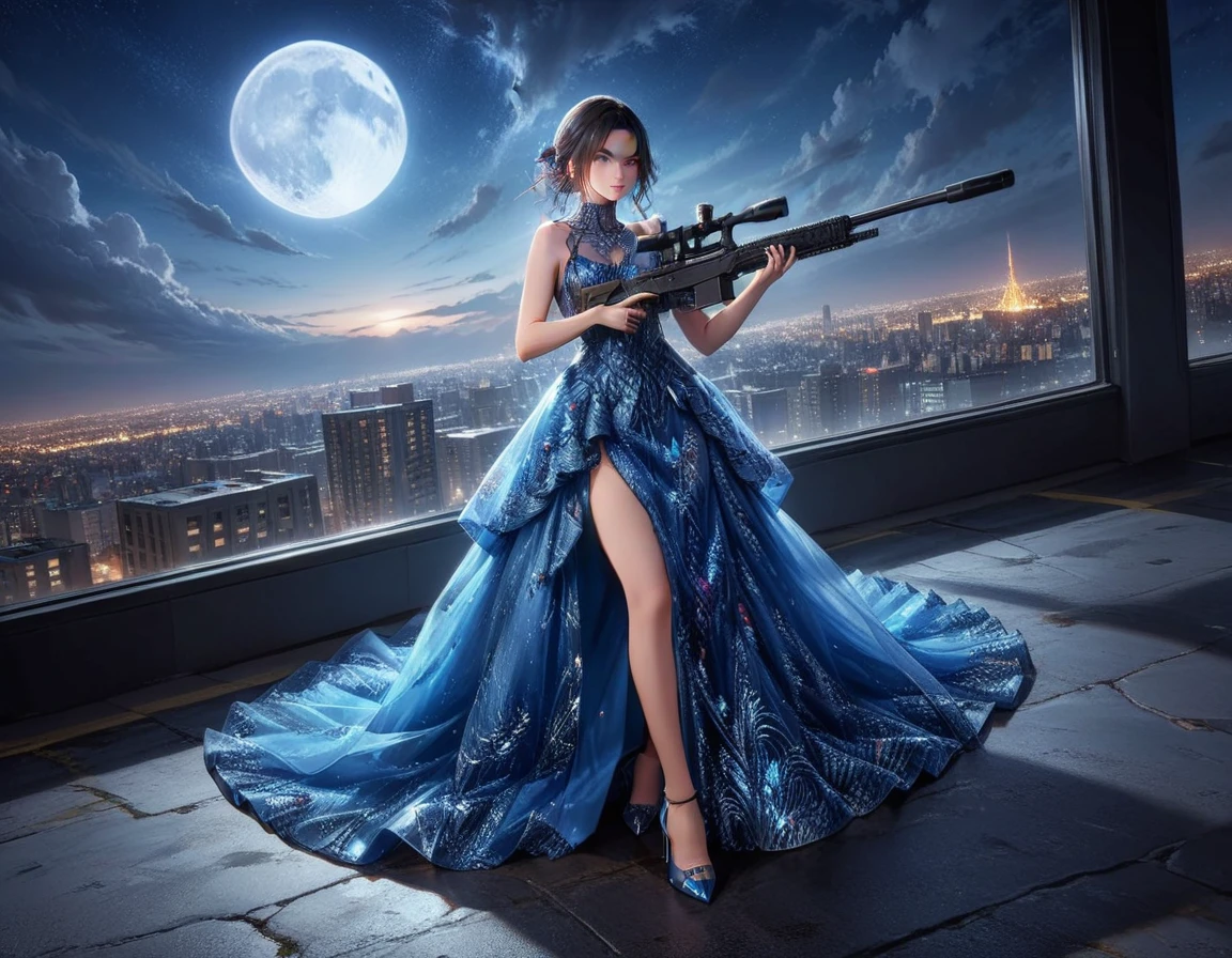 a portrait picture of a 1single woman sniper, standing in a window aiming a sniper rifle, an exotic beautiful woman sniper, dynamic hair, braided hair, full body shop, intense blue eyes, ultra detailed face, wearing (intricate evening dress: 1.5), elegant dress, dynamic color, dynamic style, wearing elegant stiletto heels , behind a window in a tall building at nigh, aiming a Light Sniper Rifle , cyberpunk city background, its night time, moon rays, some clouds,  (full body shot: 1.1) , vibrant, Ultra-high resolution, High Contrast, (masterpiece:1.5), highest quality, Best aesthetics), best details, best quality, highres, ultra wide angle, 16k, [ultra detailed], masterpiece, best quality, (extremely detailed) Sniper Rifle, evening dress
