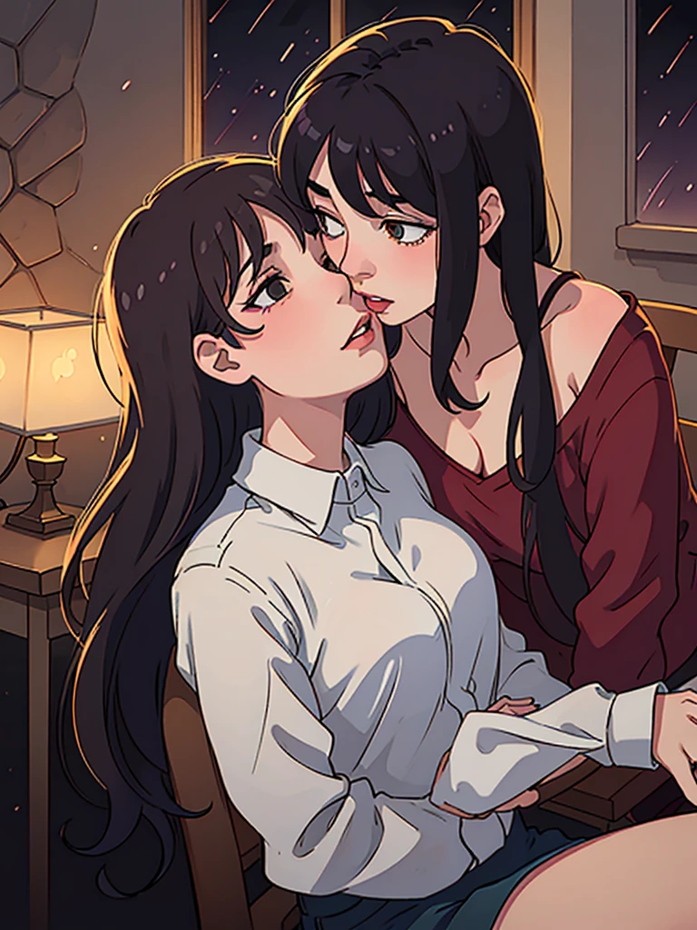 Two lesbians aggressively making out passionately, lips touching, hugging tight, kissing, passionate, erotic, sitting on lap, chair, window, raining outside, night time, dark room, one lamp, warm lighting