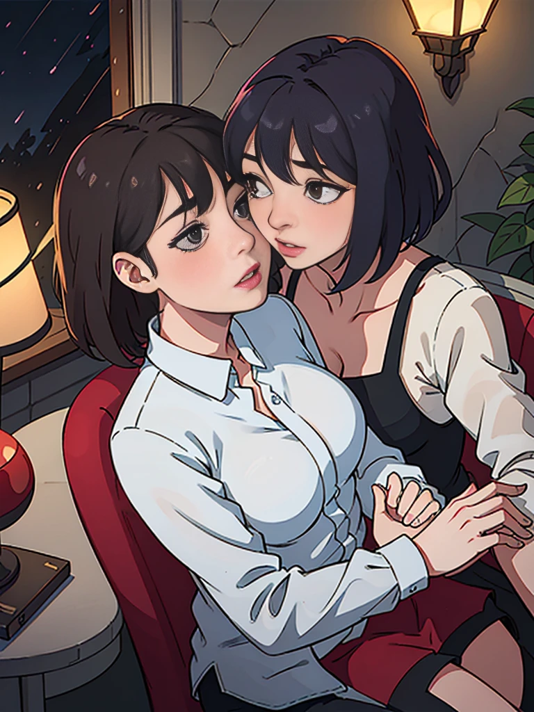 Two lesbians aggressively making out passionately, lips touching, hugging tight, kissing, passionate, erotic, sitting on lap, chair, window, raining outside, night time, dark room, one lamp, warm lighting