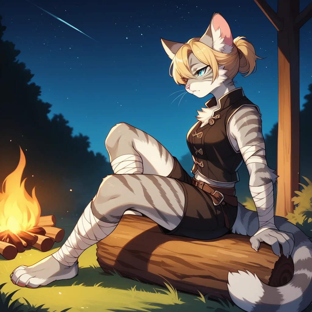 score_9,score_8_up,score_7_up, score_6_up, score_5_up, source_anime, kemono style, Kat, Anthro furry feline, silver fur, grey stripes on body, blue eyes, long blonde hair, undercut hair, pink nose, :3, wearing black medieval vest, black short shorts, plantigrade feet, feet paws wrapped in bandages, tired, sitting on a log, in front of a campfire, at a campsite, starry night sky, nighttime, side view