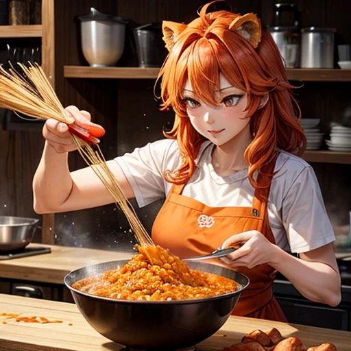 A beautiful orange-haired lion beast woman is making char siu　There is a bowl of rice